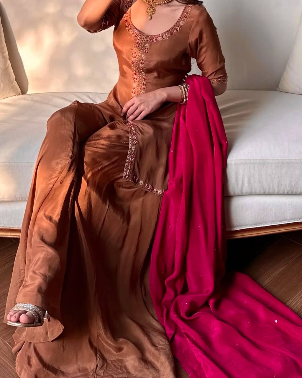 Luxe Brown Zari-Embroidered Flared Set